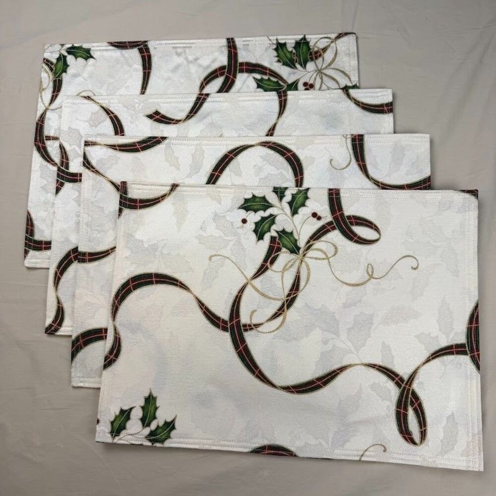 Set of 4 Lenox Holiday Nouveau Fabric Placemats, Christmas Holly Ribbon